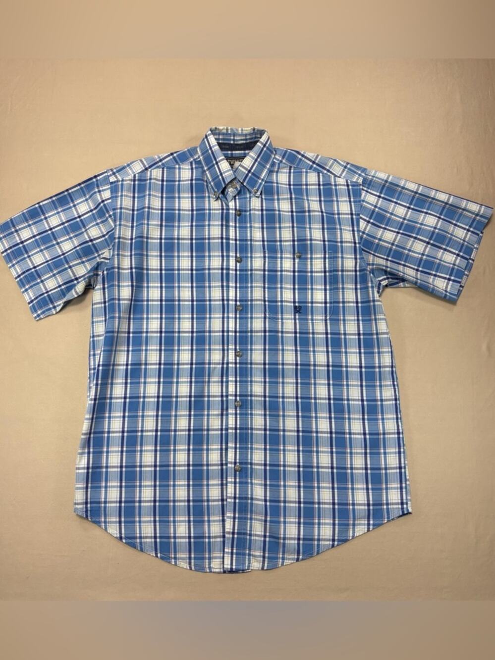 Wrangler TwentyX Blue and White Plaid Short-Sleeve Button-Down Shirt Size Medium